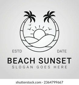 Beach Sunset Badge Logo Design Summer Vacation Logotype Sun Waves Line Art Icon