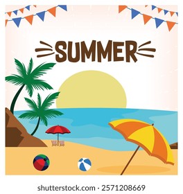 A beach with a sunset, beach balls, an umbrella, and palm trees. Perfect for summer-themed designs and conveying a sunny, tropical vibe. Vibrant colors and cheerful atmosphere. 