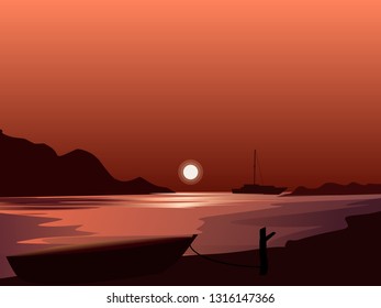 beach at sunset with boat vector landscape