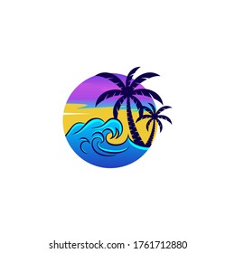 Beach sunset in circle illustration with palm trees and sea waves