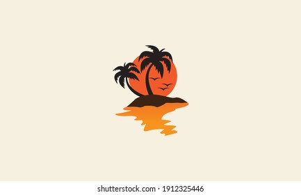 beach sunset with coconut tree and flying bird logo vector icon symbol graphic design illustration