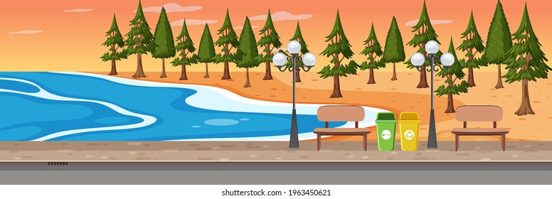 Playa al atardecer ilustración horizontal de fondo