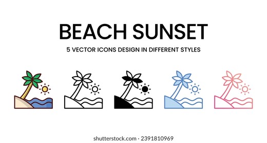 Beach Sunset Icon Design in Five style with Editable Stroke. Line, Solid, Flat Line, Duo Tone Color, and Color Gradient Line. Suitable for Web Page, Mobile App, UI, UX and GUI design.
