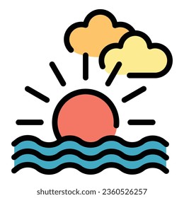 Beach sunset icon outline vector. Extreme surfing. Kite wind color flat