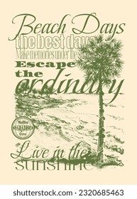 beach sunset illustration scene with swaying palms, beautifully depicted in a t shirt print design and poster art exudes an irresistible 80s vibe, accompanied by impactful wording, slogans and quotes