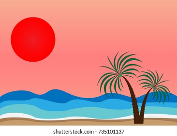 The beach at sunset.- illustration, vector, sea, sand, coconut tree, wavy