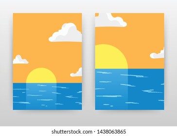 Beach sunset landscape business design for annual report, poster. Landscape of sun, sea, clouds, orange blue background vector illustration for flyer, leaflet, poster. Abstract A4 brochure template.