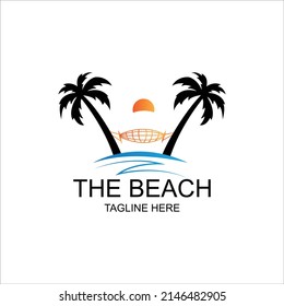 The Beach With Sunset Logo Design Template. elegant hipster gold sun sunset sunrise with beach ocean seawater logo.