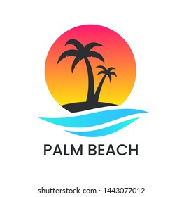 Beach sunset logo on white backdrop. Palm tree silhouette and blue wave. Vacation logotype. Travel agency template. Ocean coast and water. Summer emblem. Vector illustration.