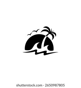 Beach sunset logo with palm tree and seagull