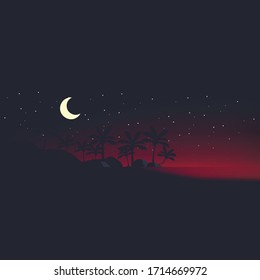 Playa al atardecer en un estilo plano minimalista. Puesta de sol en la playa con palmeras. Luna y estrellas después del atardecer. Ilustración vectorial.