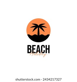 Beach Sunset And Palm Tree Logo Design Concept Vector Illustration