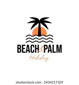 Ilustración vectorial del concepto del diseño del logotipo del atardecer y de la palmera de la playa