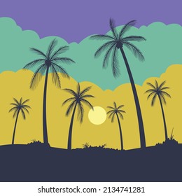 Beach sunset with palm tree silhouette landscape