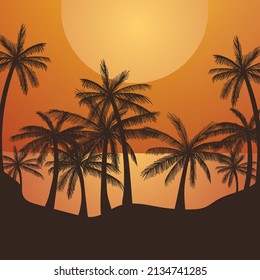 Beach sunset with palm tree silhouette landscape