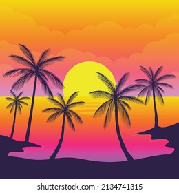 Beach sunset with palm tree silhouette landscape