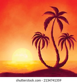 Atardecer en la playa con silueta de palmera