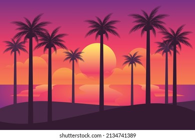 Beach sunset with palm tree silhouette landscape