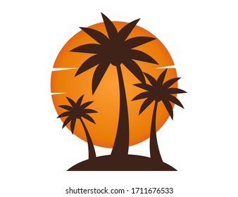 Beach sunset with palm tree and sun. Vacation island illustration in summer evening. Sunset scene. Vector EPS 10.