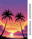 Beach at sunset. Beach with palm trees, beach scenery, birds, clouds, sunset. Vector Design Illustration for Decoration, Card, Banner, Poster and others.