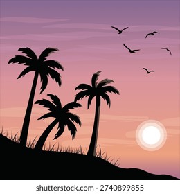 Beach at sunset. Beach with palm trees, beach scenery, birds, clouds, sunset. Evening on the beach with palm trees. Landscape With palm and ocean sunrise . vector illustration. 