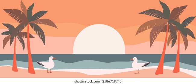 Beach sunset with palm trees and seagulls. Paradise tropical beach with palm trees. Orange sunset on the beach. Sea holiday vector illustration. Vacation at sea.