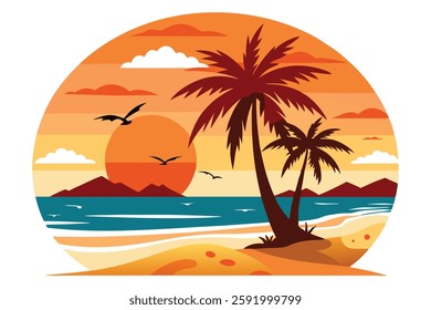 Beach Sunset with Palm Trees and Seagulls - Paradise Vector Illustration

