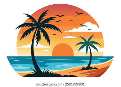 Beach Sunset with Palm Trees and Seagulls - Paradise Vector Illustration

