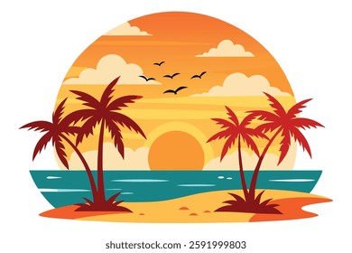 Beach Sunset with Palm Trees and Seagulls - Paradise Vector Illustration

