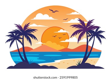 Beach Sunset with Palm Trees and Seagulls - Paradise Vector Illustration

