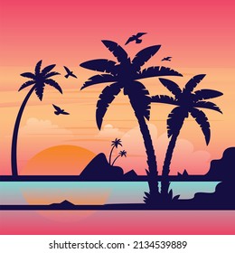 Beach sunset with palm trees silhouette