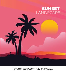 Beach sunset with palm trees silhouette