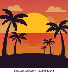 Beach sunset with palm trees silhouette