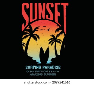 Beach sunset  print design for t shirt print, poster, sticker, background and other uses. Summer paradise, palm tree and surfing board retro print artwork.