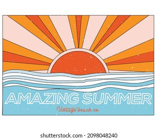 Beach sunset retro graphic print design for t shirt , apparel, badge, sticker, poster and others.