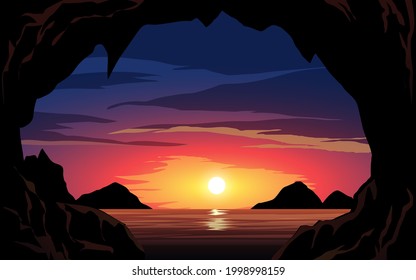 Escena de la puesta de sol en la playa con acantilados y rocas
