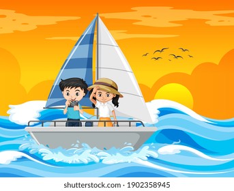 Beach sunset scene with a kid couple standing on a sailboat illustration