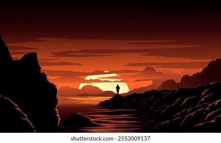 Beach sunset scenery with a man standind on the rock