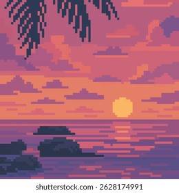 praia pôr do sol paisagem pixel art, ilustração vetorial em fundo isolado.