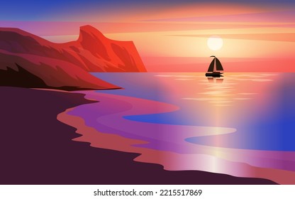 Beach sunset scenery with sailing boat and cliff. Vector flat nature landscape