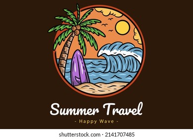 Insignias de verano para el atardecer en la playa con el sol y la isla de paraíso de viajes en surf