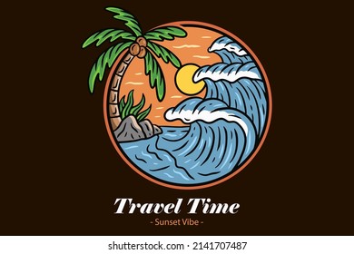 Insignias de verano para el atardecer en la playa con el sol y la isla de paraíso de viajes en surf
