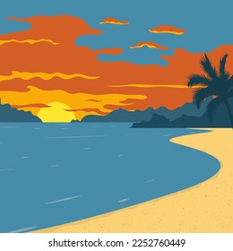 Beach sunset. Summer landscape. Vector background