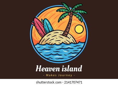 Beach Sunset Summer Vibes Badges with Sun and Happy Wave Coconut Tree and Surf Travel Paradise island