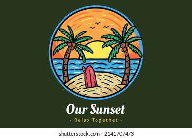 Beach Sunset Summer Vibes Badges with Sun and Happy Wave Coconut Tree and Surf Travel Paradise island