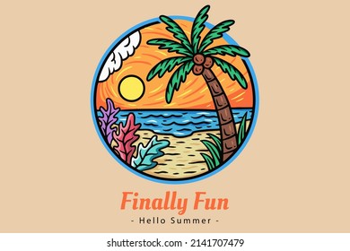 Beach Sunset Summer Vibes Badges with Sun and Happy Wave Coconut Tree and Surf Travel Paradise island