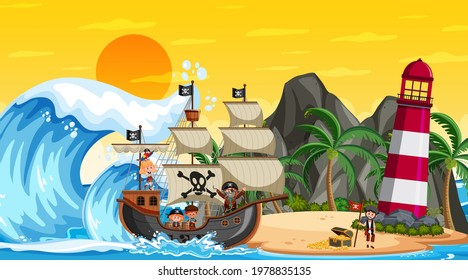 Beach at sunset time scene with pirate kids cartoon character on the ship  illustration