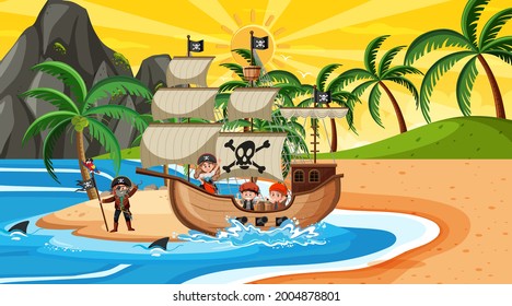 Beach at sunset time scene with pirate kids cartoon character on the ship  illustration