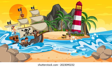 Beach at sunset time scene with pirate kids cartoon character on the ship  illustration