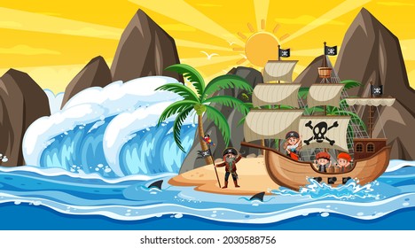 Beach at sunset time scene with pirate kids cartoon character on the ship  illustration